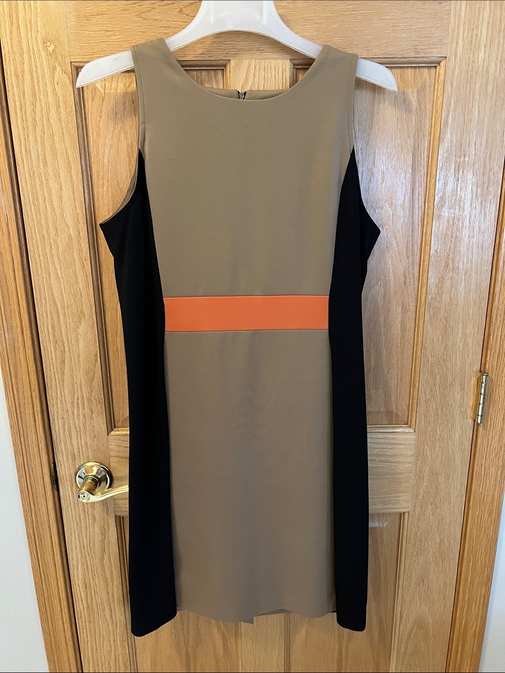 Anne Klein Taupe Shift Dress with Black Panels & Orange Waist
